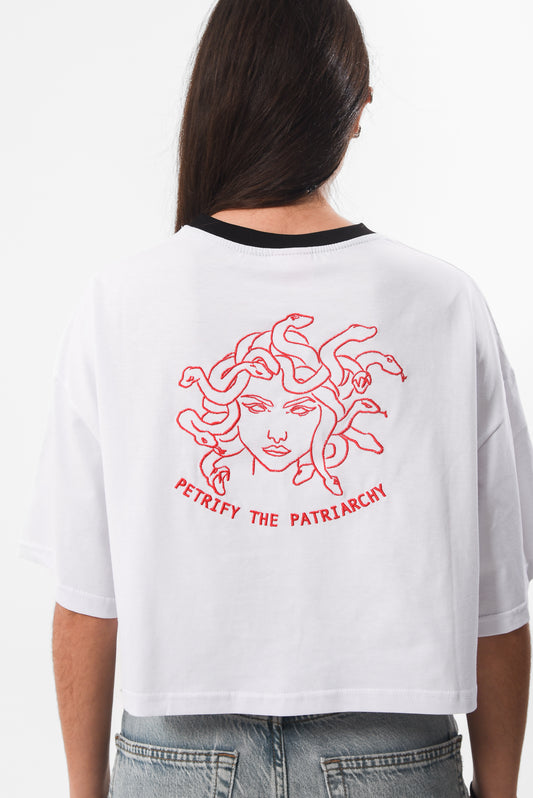 Petrify the Patriarchy -  White Crop Tshirt